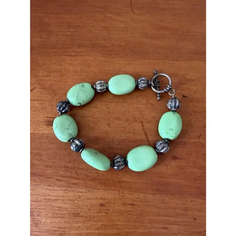 Turquoise Style Beaded Bracelet Silver Tone Accent Boho Southwest Jewelry